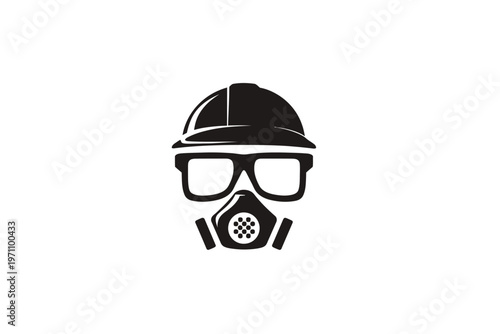 Industrial safety worker icon with hard hat, protective glasses, and respirator mask. PPE for hazardous environments.