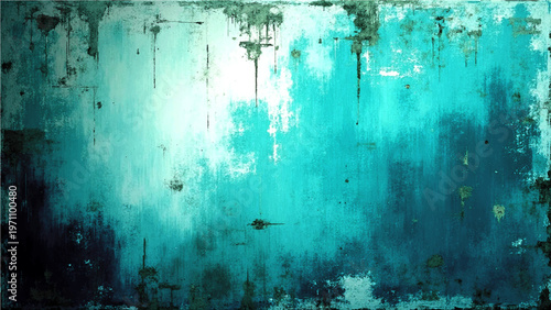 Mysterious textured grunge turquoise wall and aged weathered surface and abstract artistic backdrop and vintage aesthetic and faded discoloration and mottled effect.