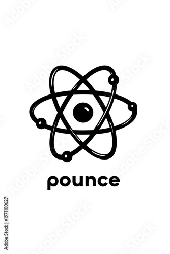 Black and white atom model illustration with orbiting electrons and the word 'pounce' below, representing science and action
