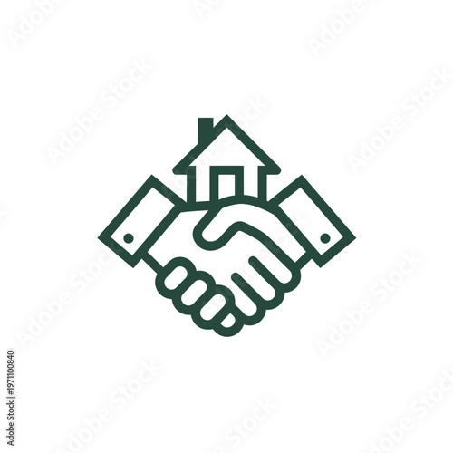 Real Estate Deal Icon with Handshake and House Symbol. Property Agreement, Home Buying, Selling, and Partnership Concept.