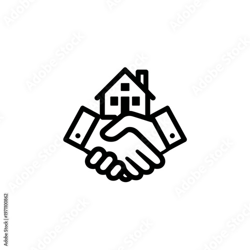 Real estate transaction handshake icon, home purchase deal, property sale agreement symbol, outline vector graphic.