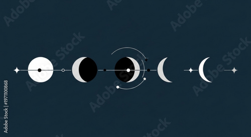 Phases of the moon lunar cycle illustration with dark background and white graphics