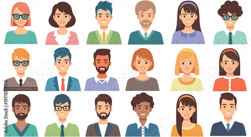 Diverse group of people with different hairstyles and expressions in a vector graphic illustration