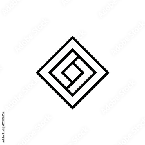 Minimalist geometric abstract symbol. Modern black and white line art design with nested diamond and square shapes.