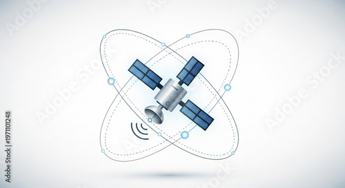 Satellite in orbit around earth with solar panels and communication signals emitted
