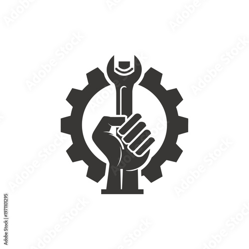 Industrial Labor Icon: Strong Fist Holding Wrench Within a Cogwheel Symbol - Mechanical Engineering & Repair Service Graphic