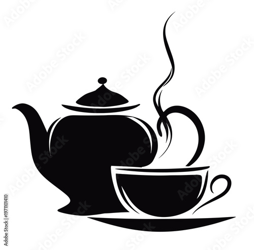 Black silhouette of a steaming teapot and teacup on a saucer, minimalist vector icon for hot beverages and tea time.