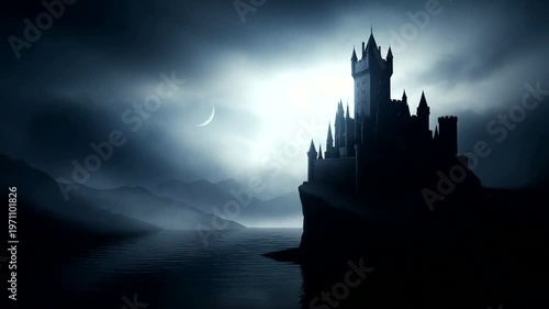 Mysterious Dark Castle Silhouette Against Moonlit Sky.