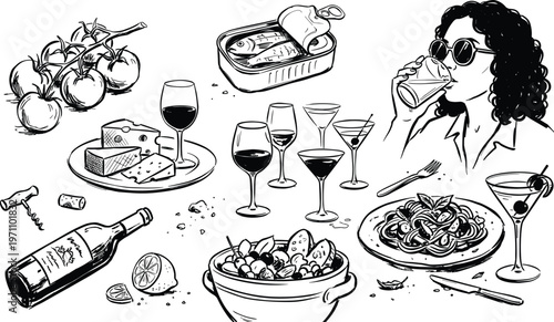 Hand drawn gourmet dining set with wine glasses pasta cheese tomatoes and elegant food lifestyle illustration