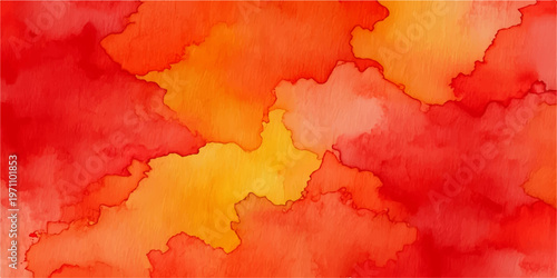 Vintage grunge illustration of a world map atlas featuring red and yellow watercolor paint textures on old paper with ink splatters across the global continents and planet earth vector design