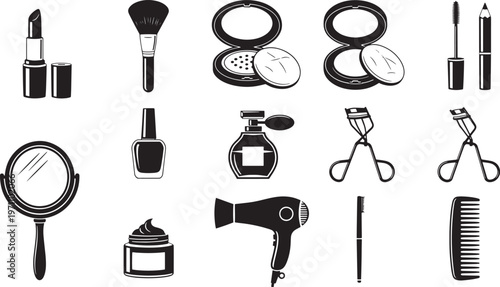 Cosmetic Icons Set: Makeup, Beauty Tools, and Skincare Essentials, Vector Graphics for Fashion and Glamour