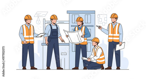 Construction Workers Team Coordination Flat Vector Design