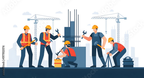 Engineers and Builders Working Together Vector Concept