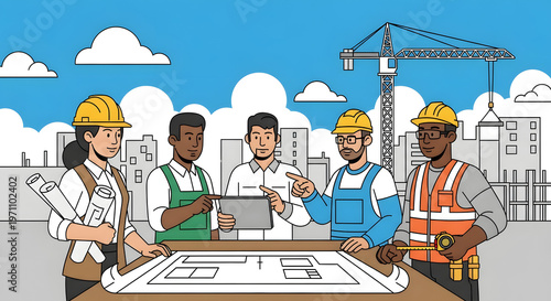 Builders and Engineers Teamwork Concept Vector Illustration