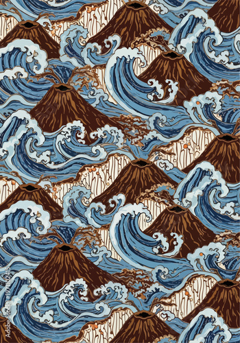 Artistic illustration of volcanoes erupting amidst turbulent waves in a repeating pattern design