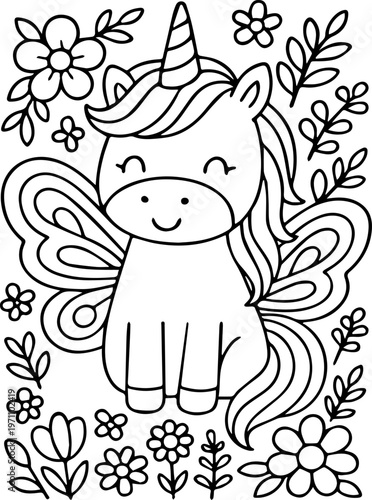 Kawaii Flying Unicorn with Butterfly Wings and Spring Flowers Coloring Page