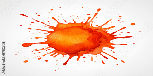 A grunge watercolor illustration featuring a red ink blot with liquid paint splashes and artistic blood splatters on a dirty paper texture design