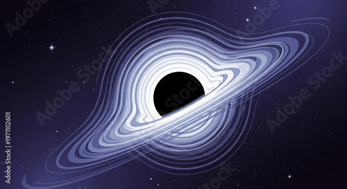 Black hole with swirling purple and white accretion disk in deep space with stars