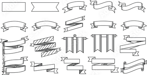 Hand drawn ribbon banner collection with vintage scroll shapes decorative badges and sketch style vector illustration set