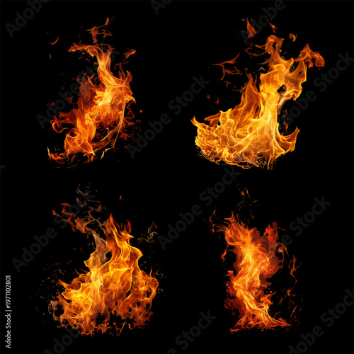Glowing Fire Burst with Orange Flames on Black set of four realistic elements for photo retouching