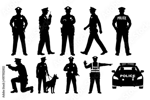 Silhouette of police officers in various poses and patrol car.