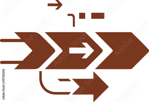 Brown Arrow Symbol with Curved Lines and Rectangles on White Background