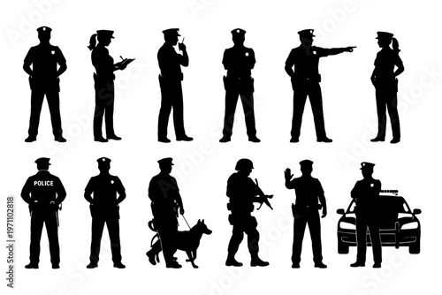 Silhouettes of police officers and canine in various poses with police car.