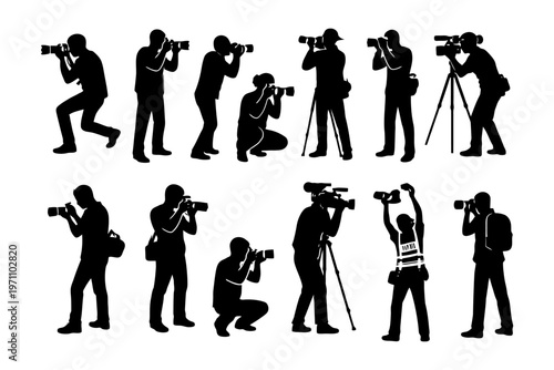 Silhouette of photographers with cameras in various poses.