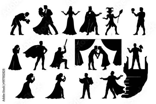 Silhouette figures in dramatic costumes and poses from theater scenes.