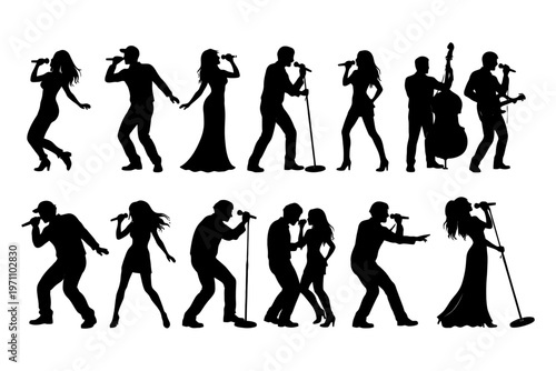 Silhouettes of male and female singers and musicians performing with microphones and instruments.
