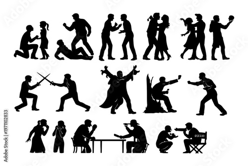 Diverse silhouettes depicting emotional and dramatic scenes in action.