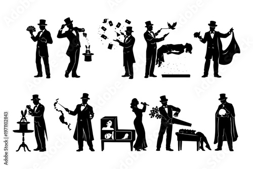 Vintage magician silhouettes performing classic magic tricks.