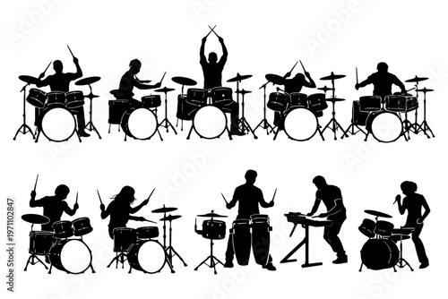 Silhouettes of diverse musicians playing drums and percussion instruments.