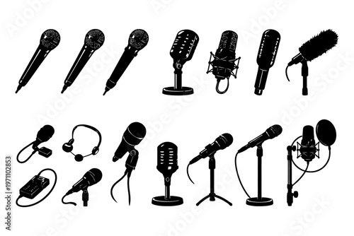 Black silhouette collection of various microphones and headphones on white background.