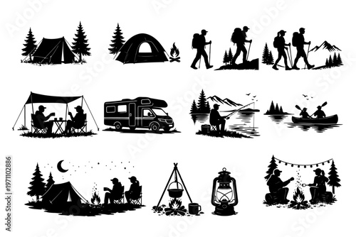 Silhouette camping and outdoor activities: hiking, camping, fishing, and canoeing in nature.