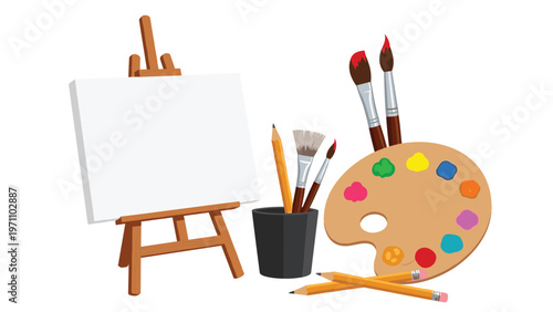 Arranged collection of essential art studio supplies, including a blank canvas on an easel, various paint brushes, pencils, and a colorful palette.