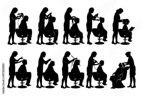 Silhouette female hairdressers styling hair of male and female clients.