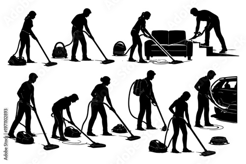 Silhouette figures using vacuum cleaners in various settings.