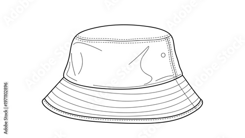 Fashionable and casual bucket hat, rendered in clean black and white line art with visible stitching details, suitable for coloring and fashion design.