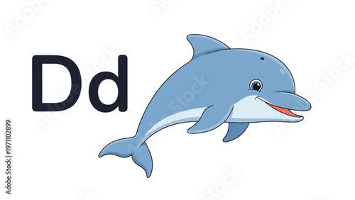 Educational illustration featuring the uppercase and lowercase letter 'D' alongside a cheerful blue dolphin, teaching phonics and letter recognition for children.