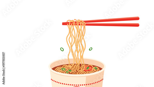 Delicious instant noodles in a cup, being lifted by red chopsticks, showcasing a quick and satisfying meal, perfect for food-related designs.