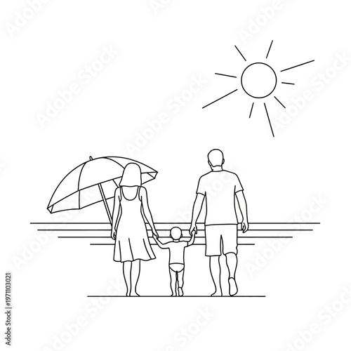 Family walking on the beach together.