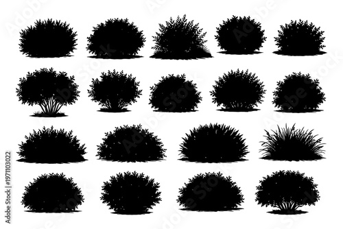 Various silhouettes of bushes and shrubs in different shapes and sizes.