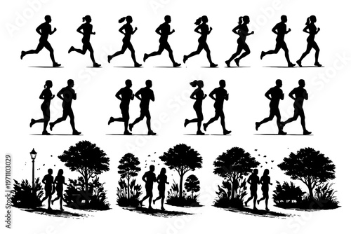 Silhouettes of people running: varied ages and genders in scenic settings.