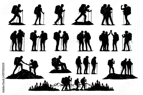 Silhouette of hikers on mountain adventure with trekking poles.