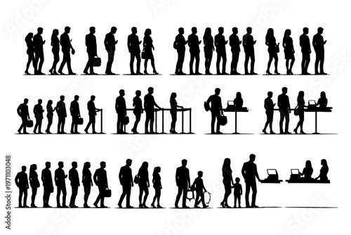 Diverse silhouettes of adults and children in line at check-in counters.
