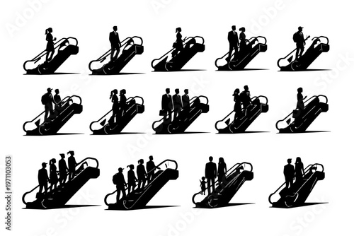 Silhouette of diverse people on escalators in various poses.