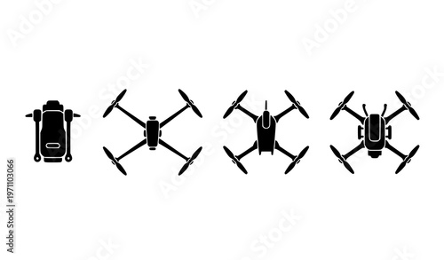 Top view drone silhouettes vector icons in black with modern quadcopter designs for tech and aviation graphics