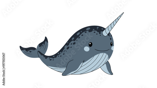 Adorable cartoon illustration of a happy narwhal with a long tusk, swimming gracefully, perfect for children's marine life education.