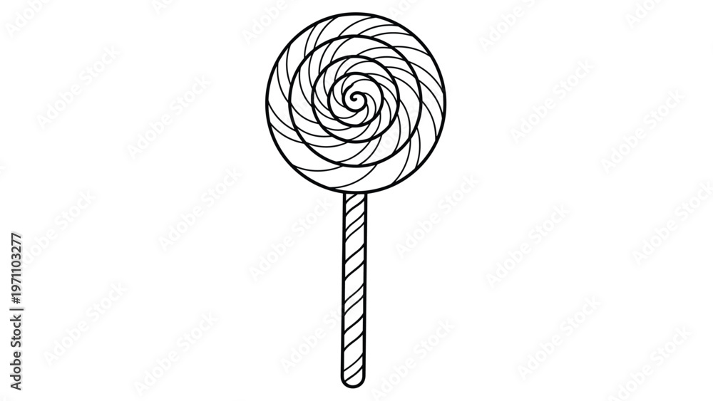 Fototapeta premium Simple black and white outline drawing of a classic spiral lollipop on a stick, perfect for children's coloring books or sweet-themed designs.